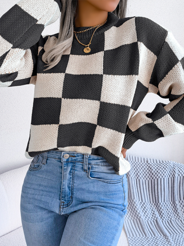 New street style color collision plaid long sleeve pullover knit sweater-[Adult]-[Female]-2022 Online Blue Zone Planet