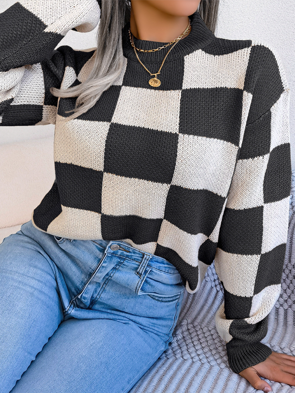 New street style color collision plaid long sleeve pullover knit sweater-[Adult]-[Female]-2022 Online Blue Zone Planet