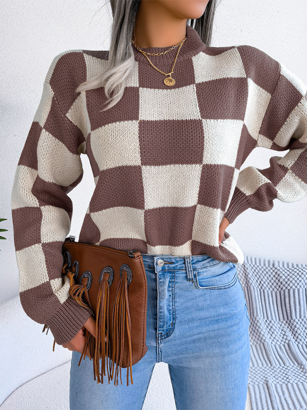 New street style color collision plaid long sleeve pullover knit sweater-[Adult]-[Female]-Coffee-S-2022 Online Blue Zone Planet