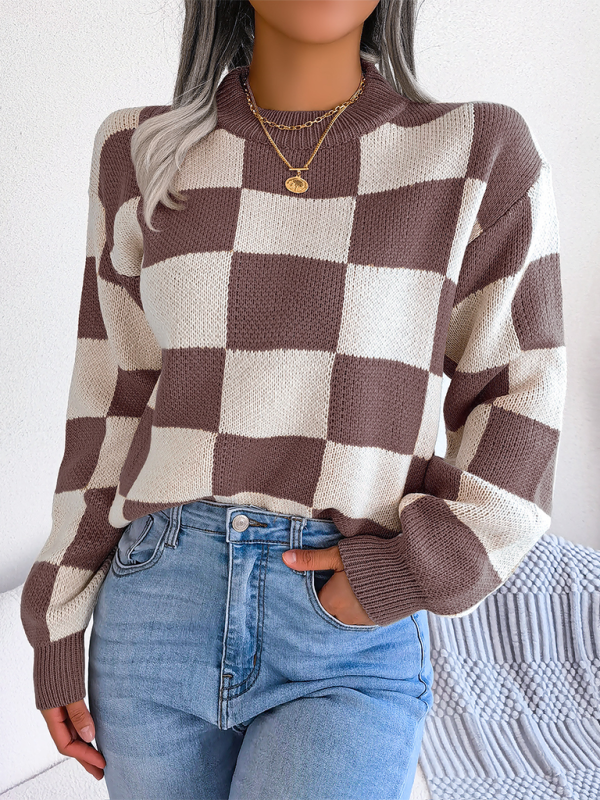 New street style color collision plaid long sleeve pullover knit sweater-[Adult]-[Female]-2022 Online Blue Zone Planet