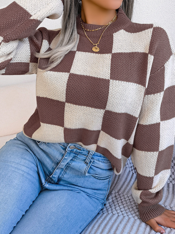 New street style color collision plaid long sleeve pullover knit sweater-[Adult]-[Female]-2022 Online Blue Zone Planet