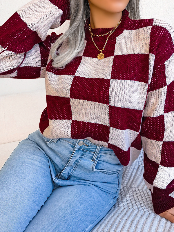 New street style color collision plaid long sleeve pullover knit sweater-[Adult]-[Female]-2022 Online Blue Zone Planet