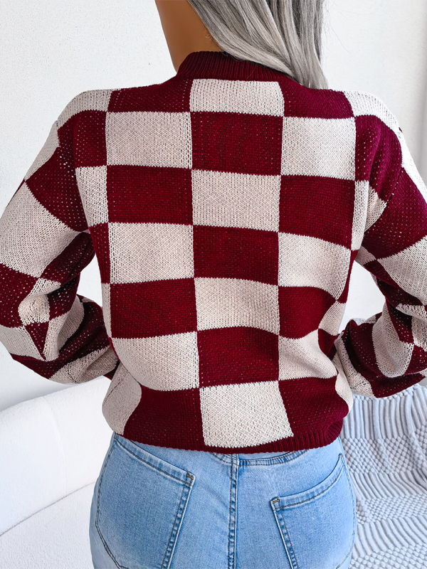 New street style color collision plaid long sleeve pullover knit sweater-[Adult]-[Female]-2022 Online Blue Zone Planet