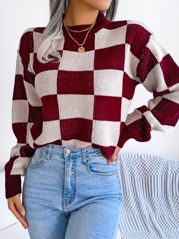 New street style color collision plaid long sleeve pullover knit sweater-[Adult]-[Female]-2022 Online Blue Zone Planet