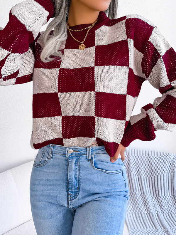 New street style color collision plaid long sleeve pullover knit sweater-[Adult]-[Female]-2022 Online Blue Zone Planet