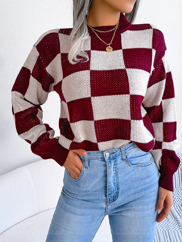 New street style color collision plaid long sleeve pullover knit sweater-[Adult]-[Female]-Wine Red-S-2022 Online Blue Zone Planet