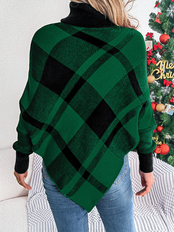 Christmas Casual Contrast Plaid Turtleneck Long Sleeve Poncho Sweater-[Adult]-[Female]-2022 Online Blue Zone Planet