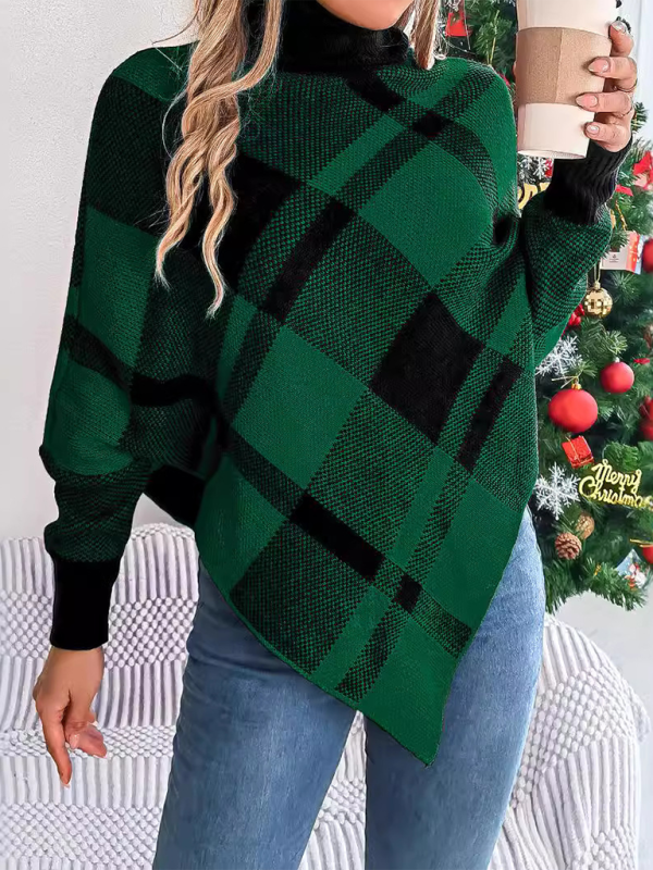 Christmas Casual Contrast Plaid Turtleneck Long Sleeve Poncho Sweater-[Adult]-[Female]-Green-S-2022 Online Blue Zone Planet