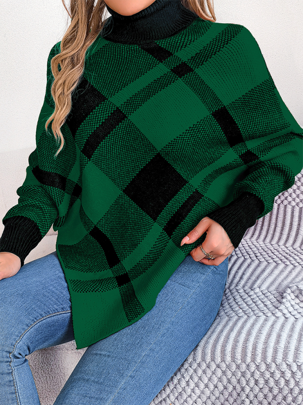 Christmas Casual Contrast Plaid Turtleneck Long Sleeve Poncho Sweater-[Adult]-[Female]-2022 Online Blue Zone Planet