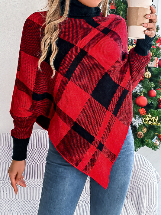 Christmas Casual Contrast Plaid Turtleneck Long Sleeve Poncho Sweater-[Adult]-[Female]-Red-S-2022 Online Blue Zone Planet