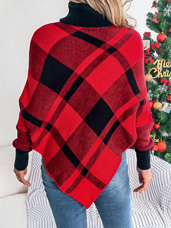 Christmas Casual Contrast Plaid Turtleneck Long Sleeve Poncho Sweater-[Adult]-[Female]-2022 Online Blue Zone Planet