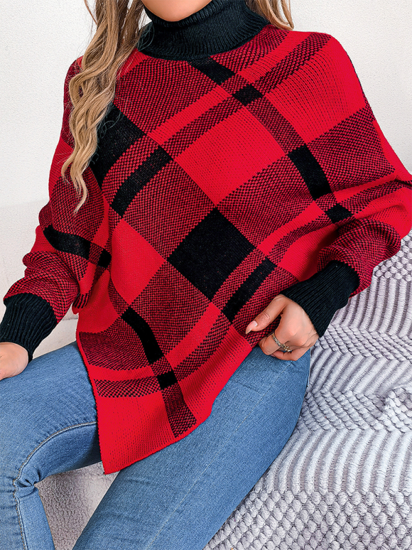 Christmas Casual Contrast Plaid Turtleneck Long Sleeve Poncho Sweater-[Adult]-[Female]-2022 Online Blue Zone Planet