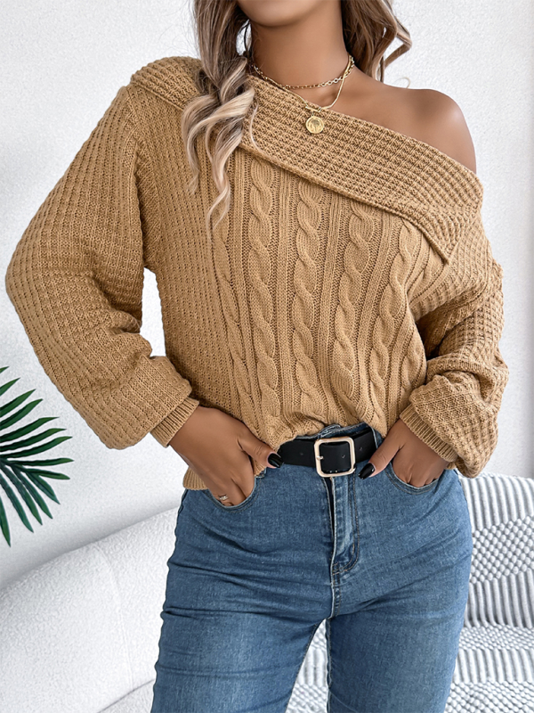 Casual Sexy Lapel Off-shoulder Cable Long Sleeve Pullover-[Adult]-[Female]-Khaki-S-2022 Online Blue Zone Planet