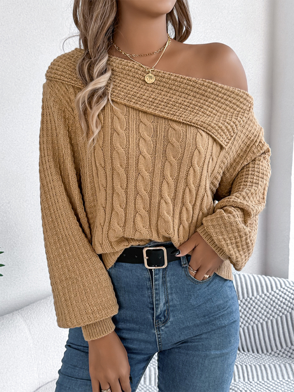 Casual Sexy Lapel Off-shoulder Cable Long Sleeve Pullover-[Adult]-[Female]-2022 Online Blue Zone Planet