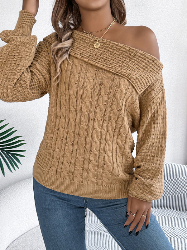 Casual Sexy Lapel Off-shoulder Cable Long Sleeve Pullover-[Adult]-[Female]-2022 Online Blue Zone Planet