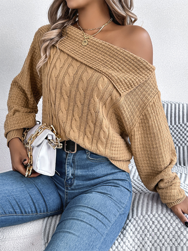 Casual Sexy Lapel Off-shoulder Cable Long Sleeve Pullover-[Adult]-[Female]-2022 Online Blue Zone Planet