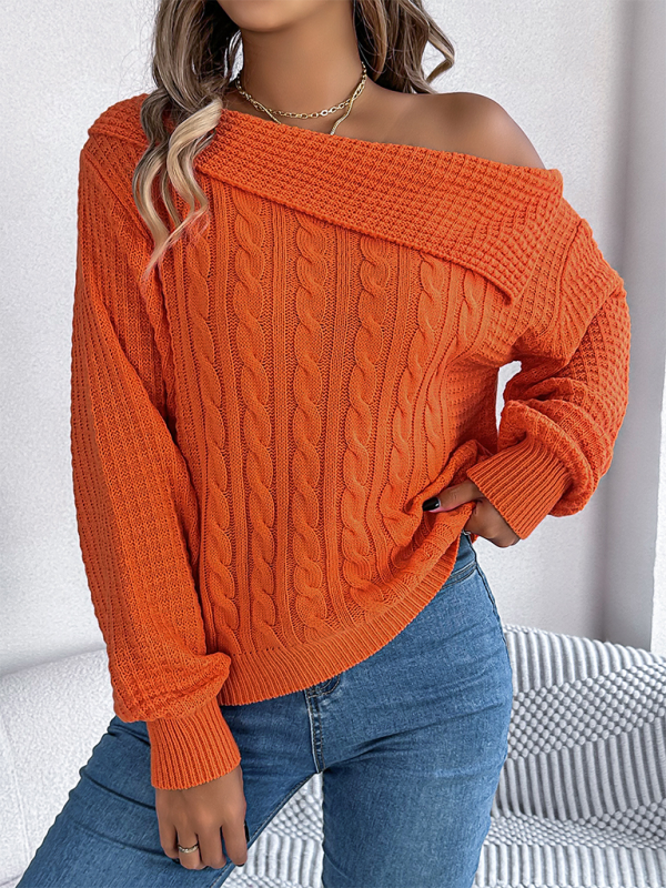 Casual Sexy Lapel Off-shoulder Cable Long Sleeve Pullover-[Adult]-[Female]-2022 Online Blue Zone Planet