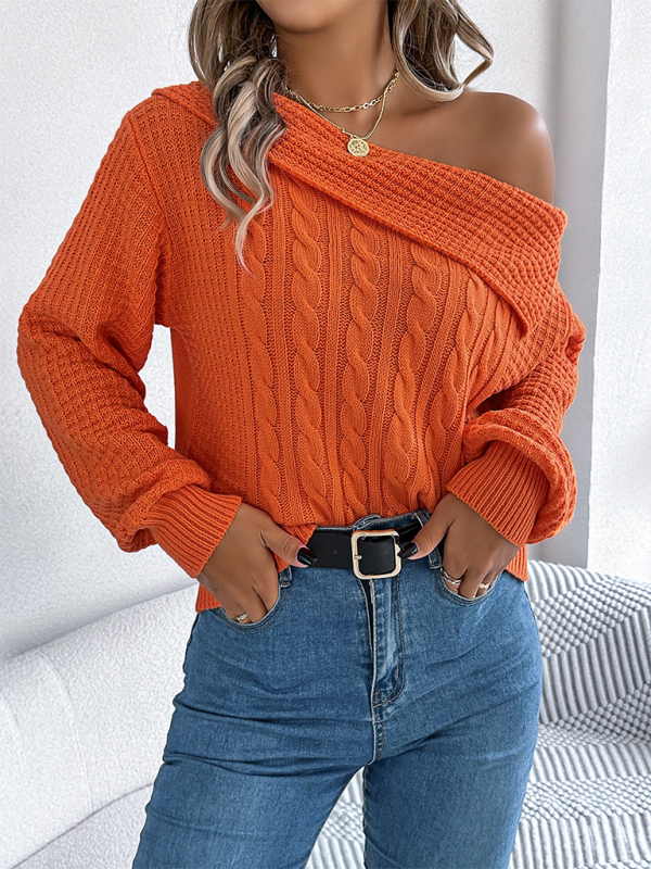 Casual Sexy Lapel Off-shoulder Cable Long Sleeve Pullover-[Adult]-[Female]-2022 Online Blue Zone Planet