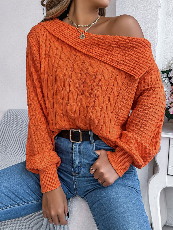 Casual Sexy Lapel Off-shoulder Cable Long Sleeve Pullover-[Adult]-[Female]-Orange-S-2022 Online Blue Zone Planet