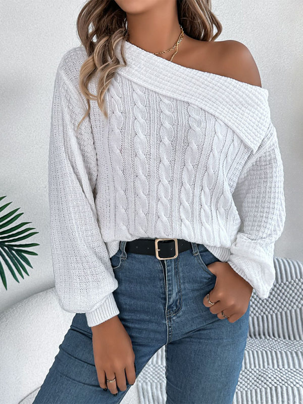 Casual Sexy Lapel Off-shoulder Cable Long Sleeve Pullover-[Adult]-[Female]-2022 Online Blue Zone Planet