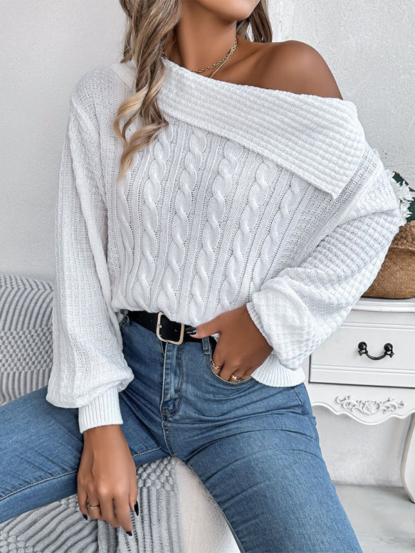 Casual Sexy Lapel Off-shoulder Cable Long Sleeve Pullover-[Adult]-[Female]-2022 Online Blue Zone Planet