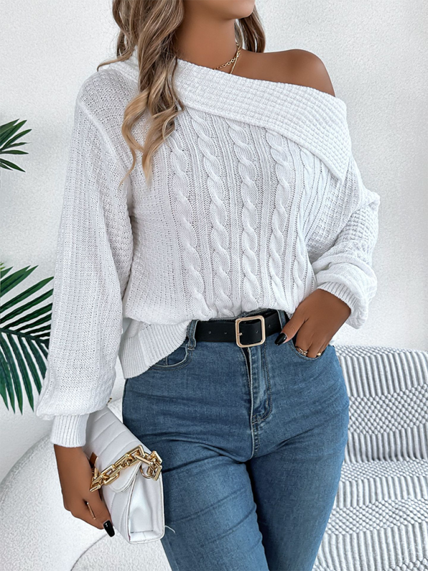 Casual Sexy Lapel Off-shoulder Cable Long Sleeve Pullover-[Adult]-[Female]-2022 Online Blue Zone Planet