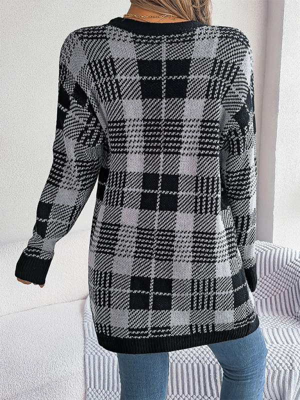 Casual Contrast Plaid Pocket Long Sleeve Cardigan Sweater Jacket Christmas-[Adult]-[Female]-2022 Online Blue Zone Planet