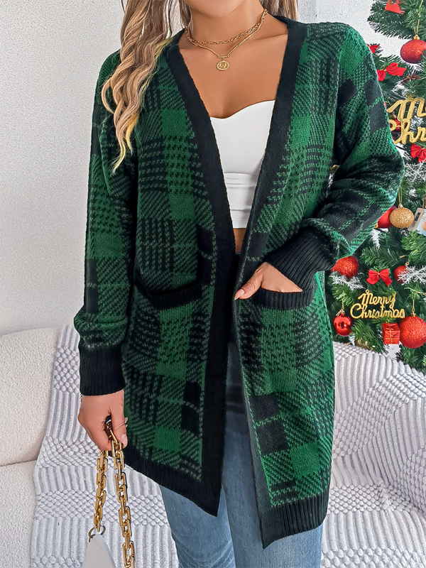 Casual Contrast Plaid Pocket Long Sleeve Cardigan Sweater Jacket Christmas-[Adult]-[Female]-2022 Online Blue Zone Planet