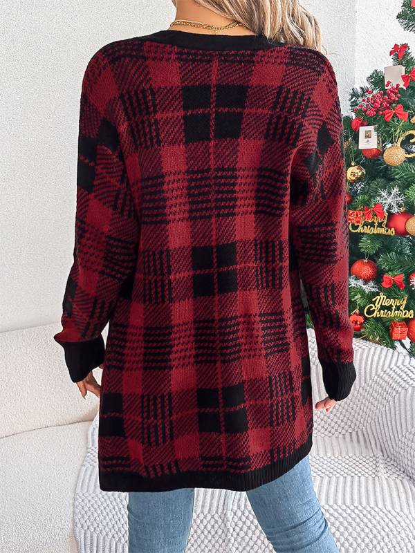 Casual Contrast Plaid Pocket Long Sleeve Cardigan Sweater Jacket Christmas-[Adult]-[Female]-2022 Online Blue Zone Planet