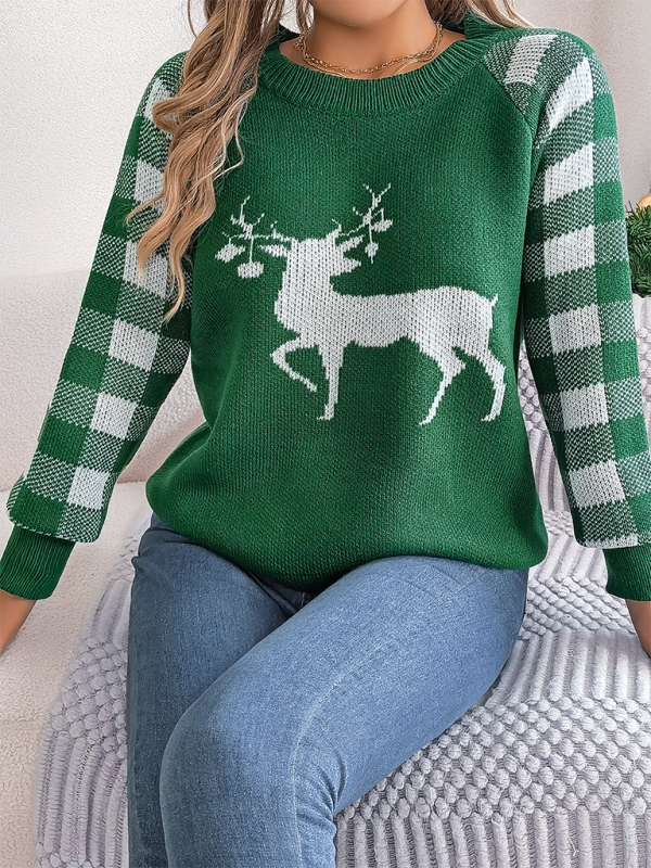 Casual Plaid Deer Long Sleeve Pullover Sweater Christmas-[Adult]-[Female]-2022 Online Blue Zone Planet