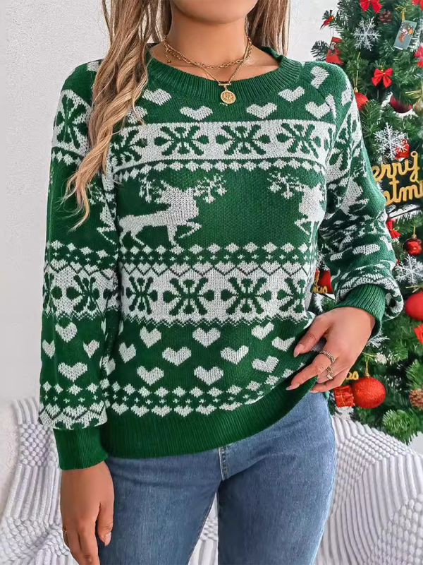 Christmas Deer Pattern Long Sleeve Pullover-[Adult]-[Female]-Green-S-2022 Online Blue Zone Planet