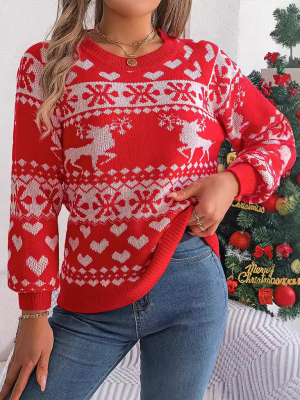 Christmas Deer Pattern Long Sleeve Pullover-[Adult]-[Female]-Red-S-2022 Online Blue Zone Planet