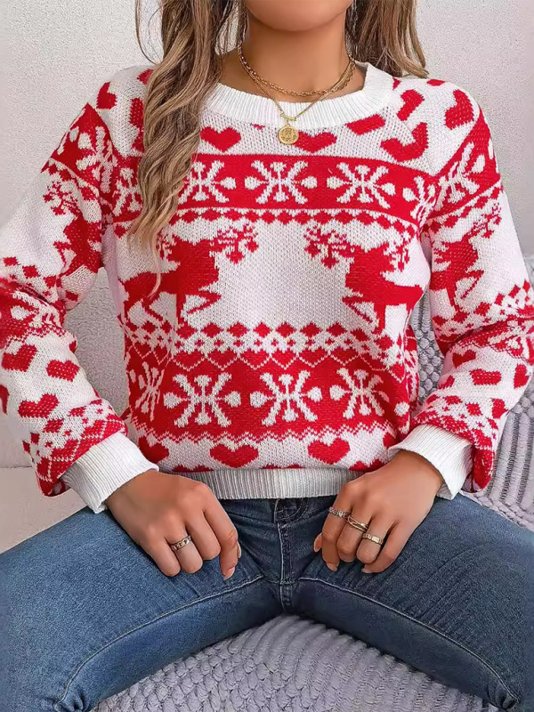 Christmas Deer Pattern Long Sleeve Pullover-[Adult]-[Female]-White-S-2022 Online Blue Zone Planet