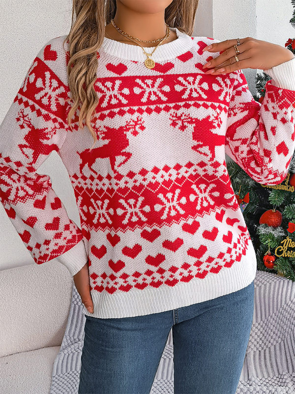 Christmas Deer Pattern Long Sleeve Pullover-[Adult]-[Female]-2022 Online Blue Zone Planet