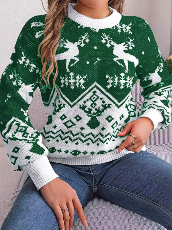 Casual Deer Pattern Long Sleeve Pullover Christmas-[Adult]-[Female]-Green-S-2022 Online Blue Zone Planet