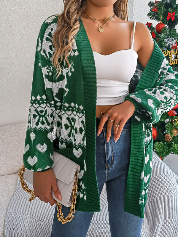 Christmas Deer Pocket Long Sleeve Cardigan Sweater Jacket-[Adult]-[Female]-Green-S-2022 Online Blue Zone Planet