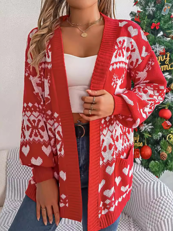 Christmas Deer Pocket Long Sleeve Cardigan Sweater Jacket-[Adult]-[Female]-2022 Online Blue Zone Planet