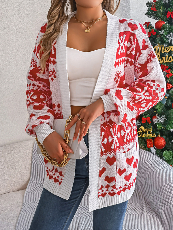 Christmas Deer Pocket Long Sleeve Cardigan Sweater Jacket-[Adult]-[Female]-2022 Online Blue Zone Planet