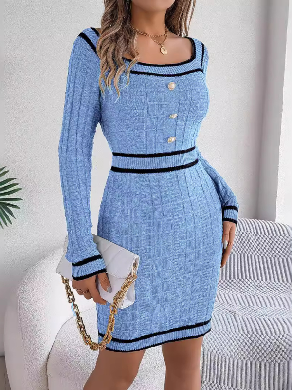 Elegant Square Neck Button Long Sleeve Sweater Hip Skirt-[Adult]-[Female]-White-S-2022 Online Blue Zone Planet