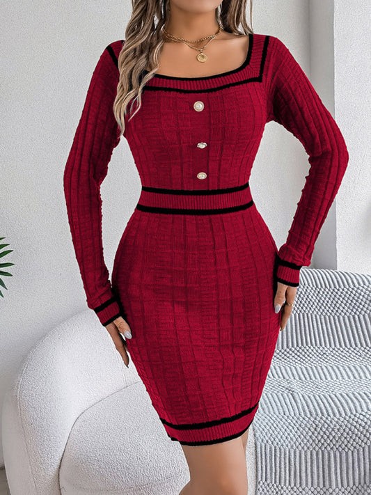 Elegant Square Neck Button Long Sleeve Sweater Hip Skirt-[Adult]-[Female]-Wine Red-S-2022 Online Blue Zone Planet
