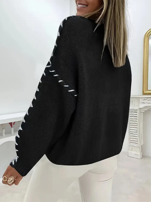 Women's Fashion Pullover Solid Color Round Neck Long Sleeve Drawstring Loose Knitted Sweater-[Adult]-[Female]-2022 Online Blue Zone Planet