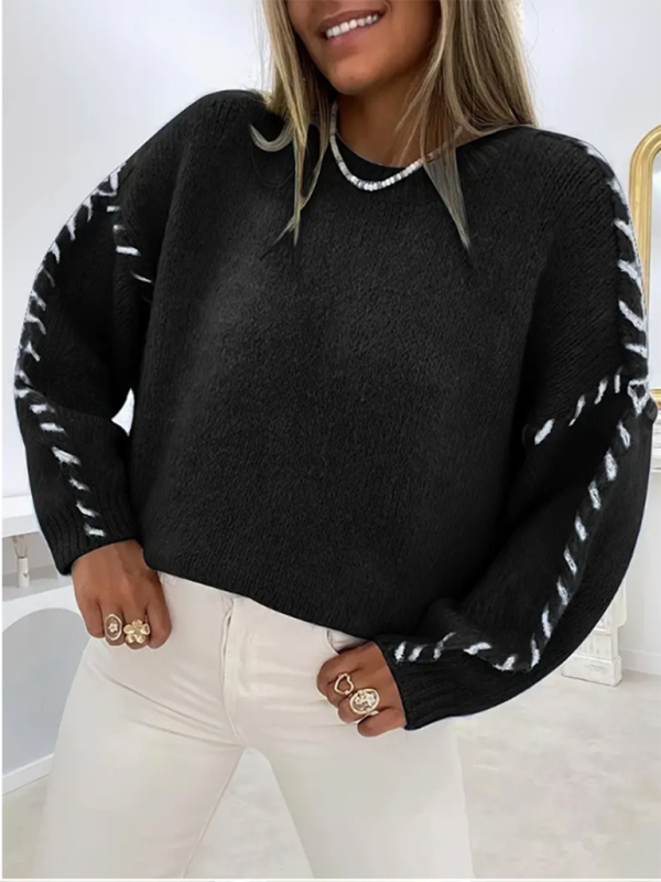 Women's Fashion Pullover Solid Color Round Neck Long Sleeve Drawstring Loose Knitted Sweater-[Adult]-[Female]-Black-S-2022 Online Blue Zone Planet