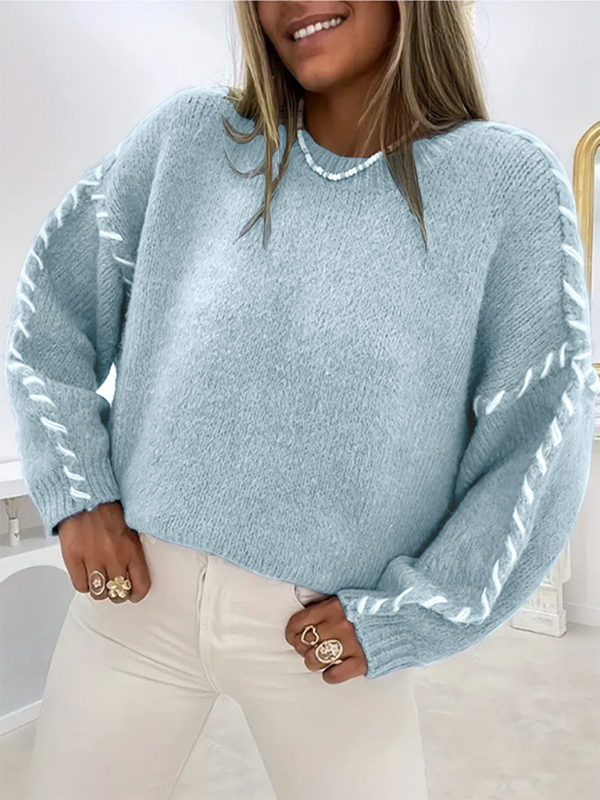 Women's Fashion Pullover Solid Color Round Neck Long Sleeve Drawstring Loose Knitted Sweater-[Adult]-[Female]-Clear blue-S-2022 Online Blue Zone Planet