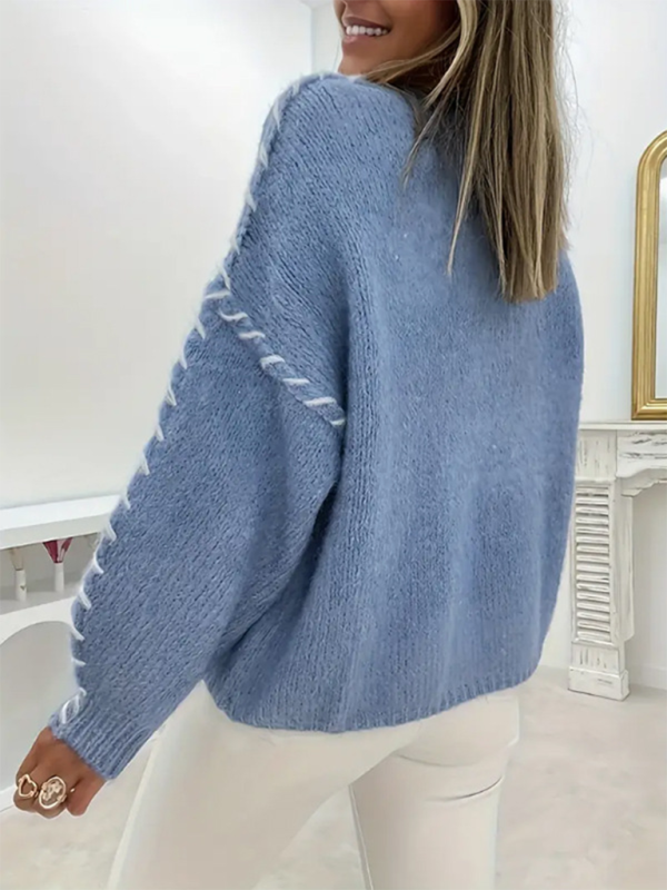 Women's Fashion Pullover Solid Color Round Neck Long Sleeve Drawstring Loose Knitted Sweater-[Adult]-[Female]-2022 Online Blue Zone Planet