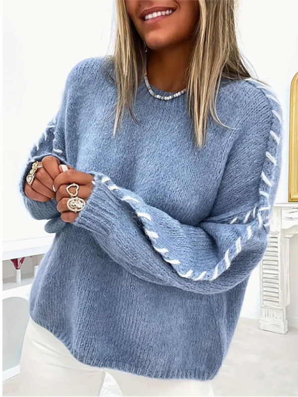 Women's Fashion Pullover Solid Color Round Neck Long Sleeve Drawstring Loose Knitted Sweater-[Adult]-[Female]-2022 Online Blue Zone Planet