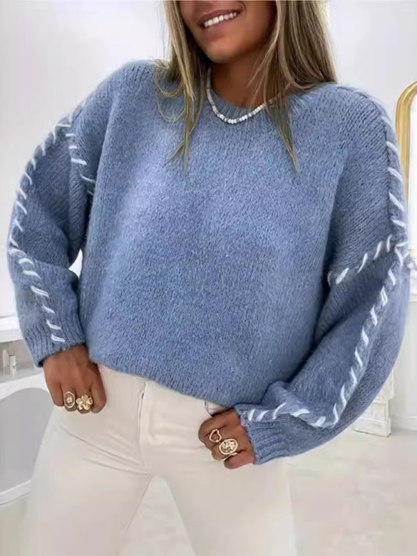 Women's Fashion Pullover Solid Color Round Neck Long Sleeve Drawstring Loose Knitted Sweater-[Adult]-[Female]-Sky blue azure-S-2022 Online Blue Zone Planet