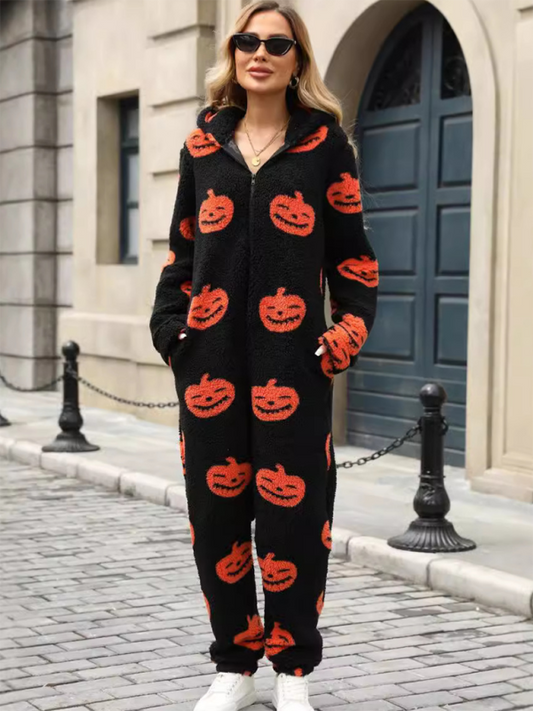 New Halloween Pumpkin Print Zipper Loose Plush Jumpsuit-[Adult]-[Female]-Black-S-2022 Online Blue Zone Planet