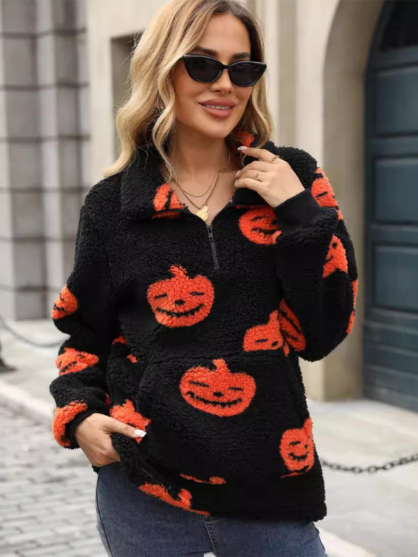 New Halloween Pumpkin Print Zipper Loose Plush Jumpsuit-[Adult]-[Female]-2022 Online Blue Zone Planet