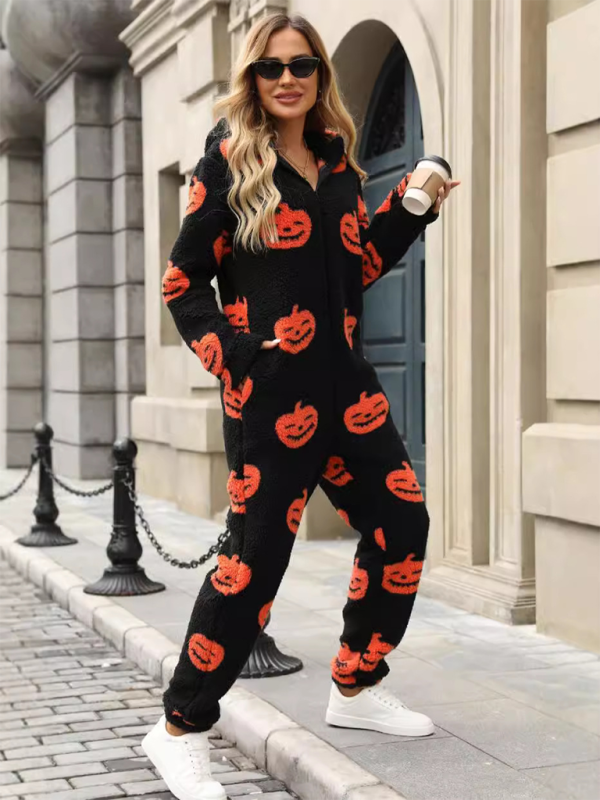 New Halloween Pumpkin Print Zipper Loose Plush Jumpsuit-[Adult]-[Female]-2022 Online Blue Zone Planet