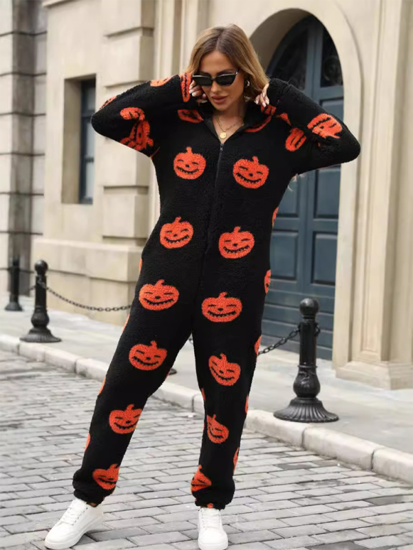 New Halloween Pumpkin Print Zipper Loose Plush Jumpsuit-[Adult]-[Female]-2022 Online Blue Zone Planet